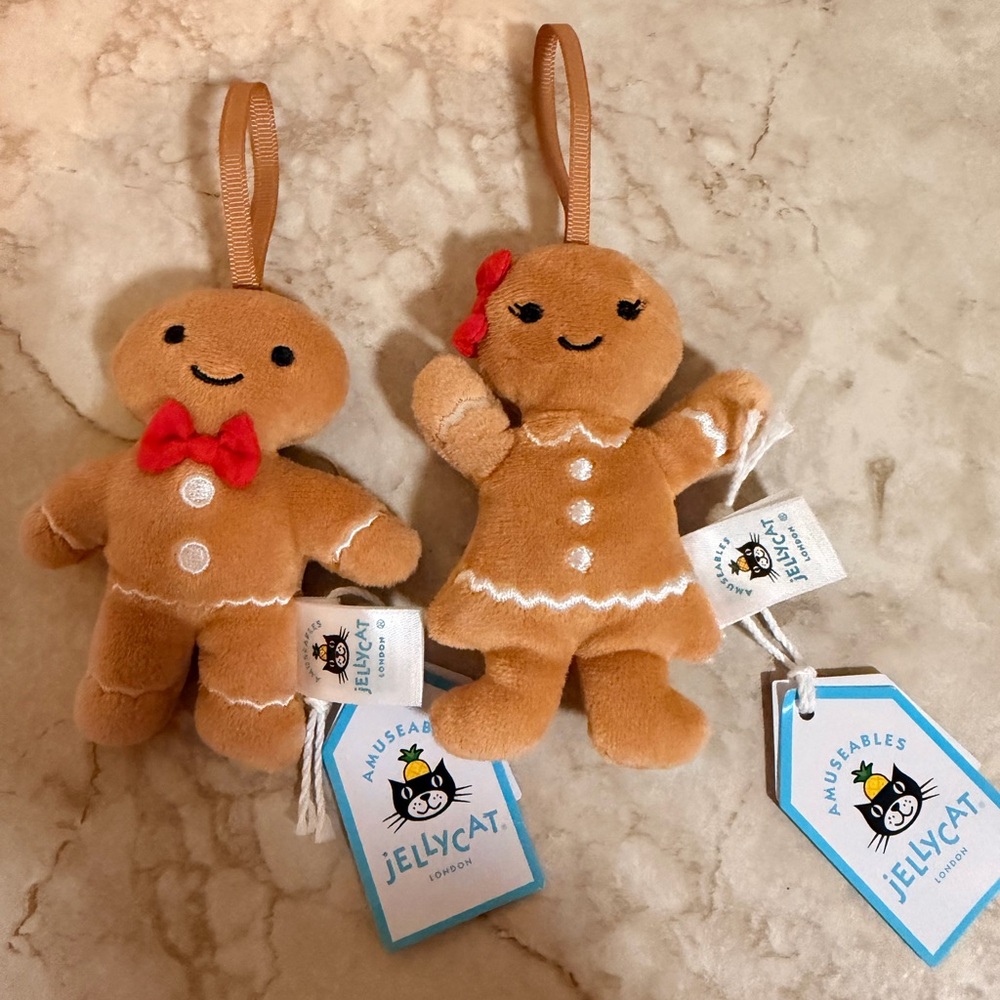 Jellycat gingerbread ornaments retored Festive Folly Gingerbread Ruby and fred